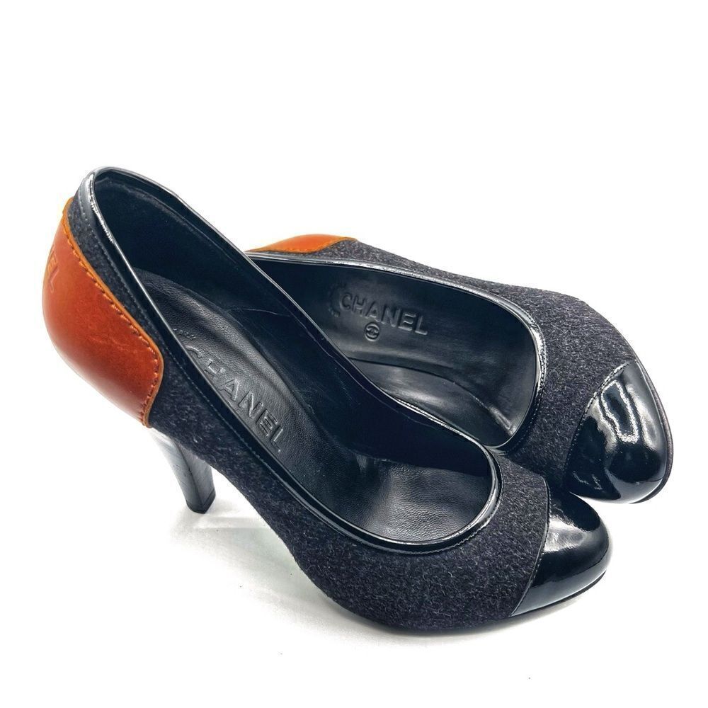 Chanel Women’s Two-Tone Wool Black & Brown Leather Peep-Toe Heels Size 39